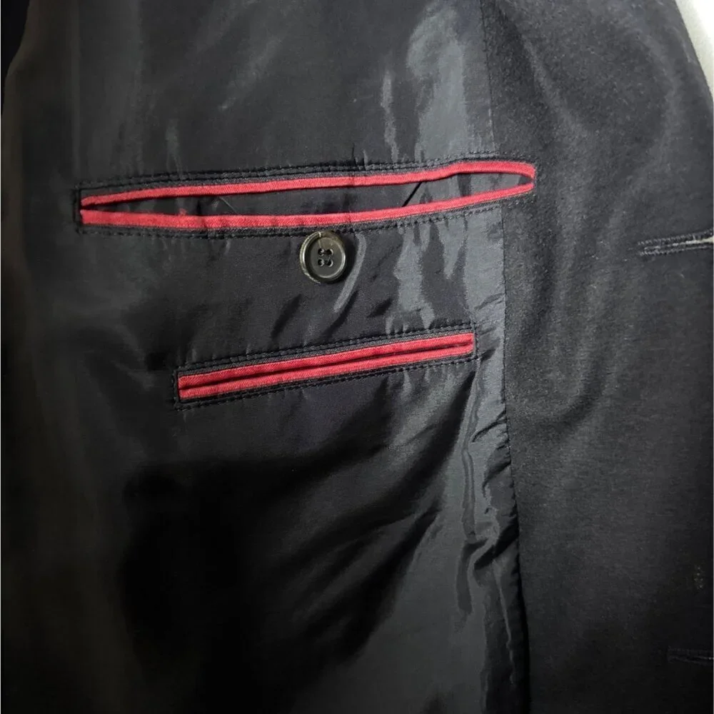 Hugo Boss Mens Black Wool Blazer Jacket Made In Italy Size 44R Red Trim Details